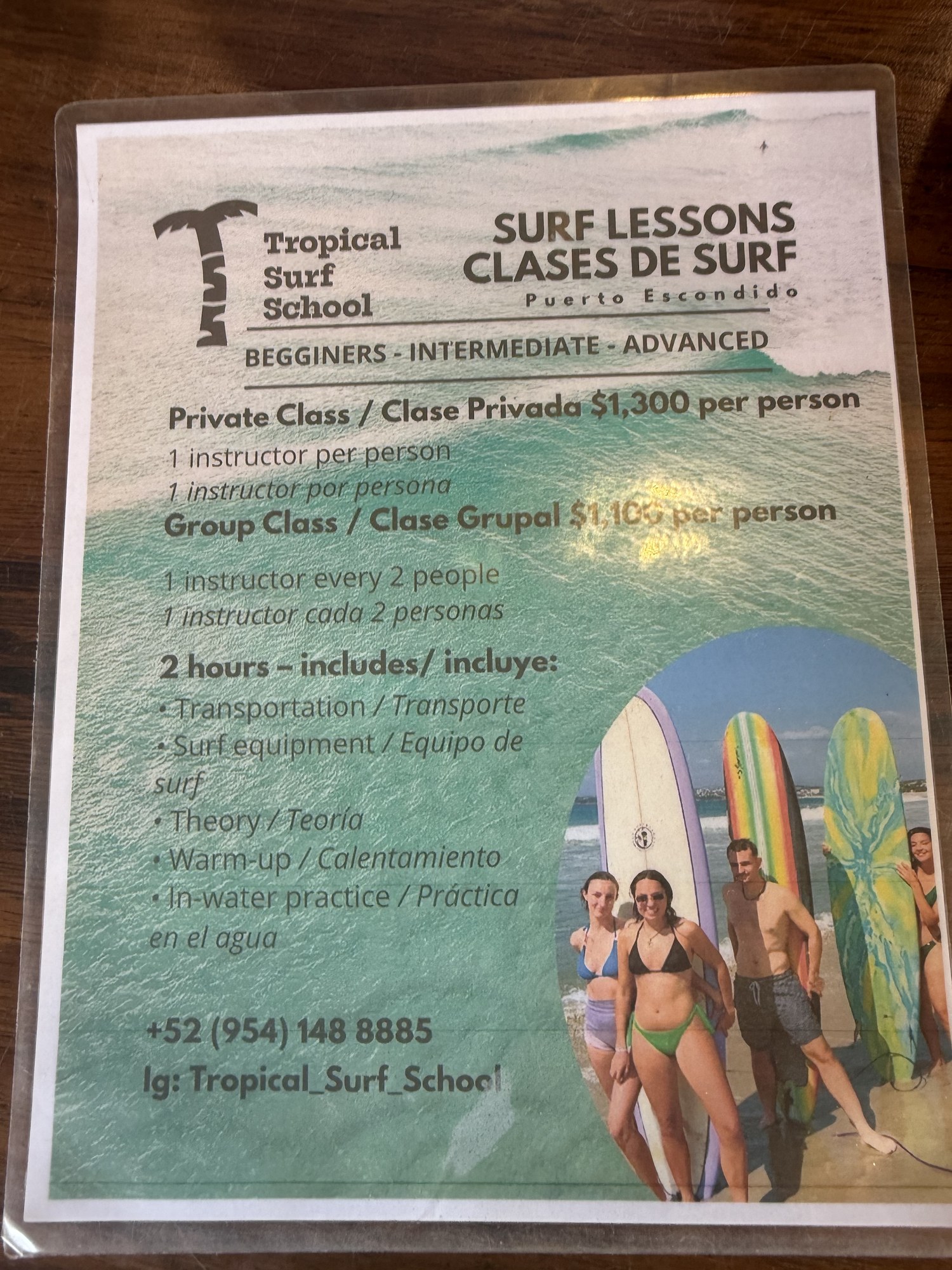 Preisliste der Tropical Surf School